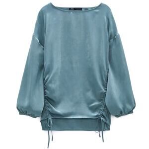 ZARA • Blue Green Satin Drawstring Long Sleeve Gypsy Blouse Top
